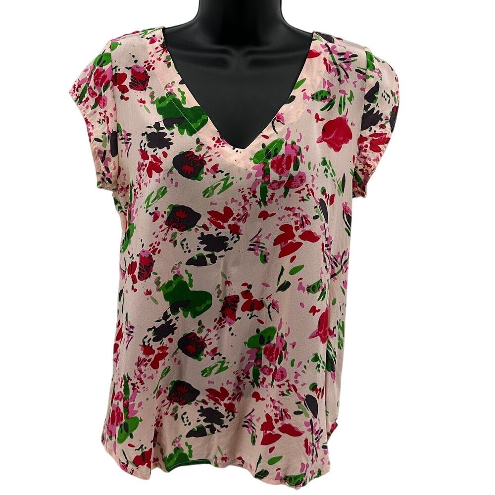 Bayla Jane Silk Blouse WMNS S Pink Floral Splatter Short Sleeve V-Neck Pullover